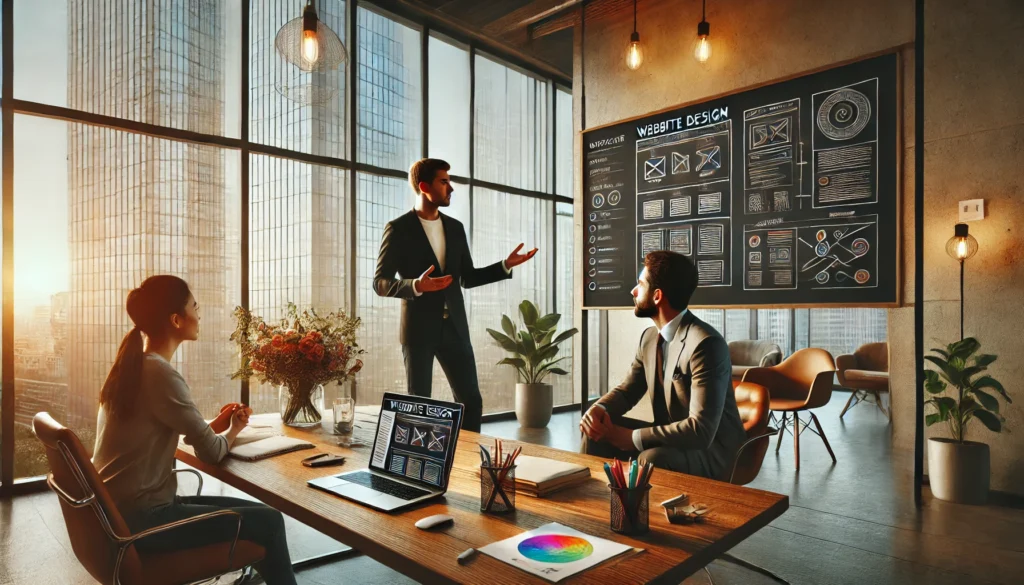 Un freelancer presentando el Proceso de Implementación de una Página Web con laptops, papeles, y esquemas de páginas web en la mesa.