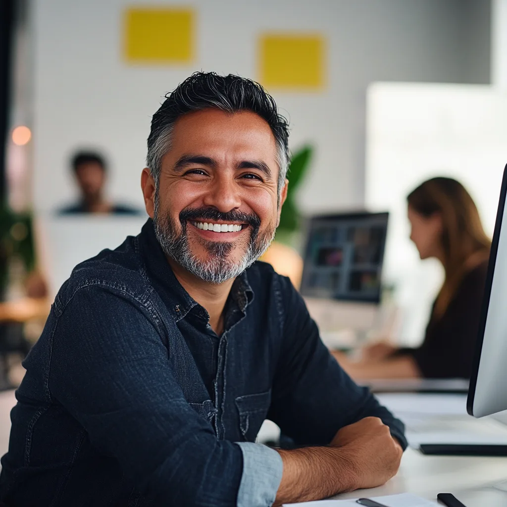 Un joven emprendedor entusiasmado por el diseno de su sitio web