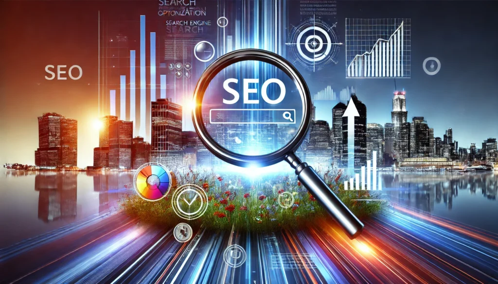 Una lupa grande enfocando la palabra "SEO" en el centro, sobre un horizonte urbano de Ciudad de México